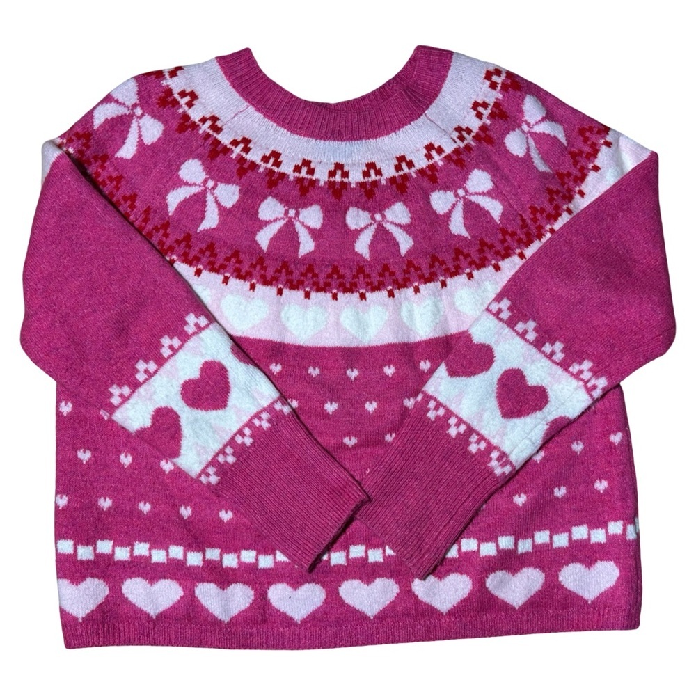 CeCe Heart Sweater Medium White Pink Red Bow
